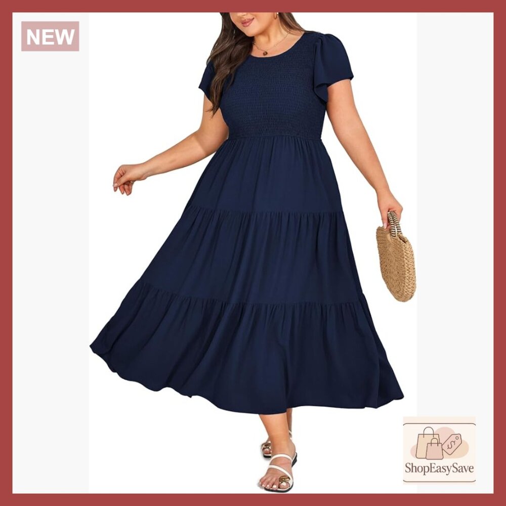 Plus Size Maxi Dress Flutter Sleeve Smocked Waist Tiered Layers Pockets Summer